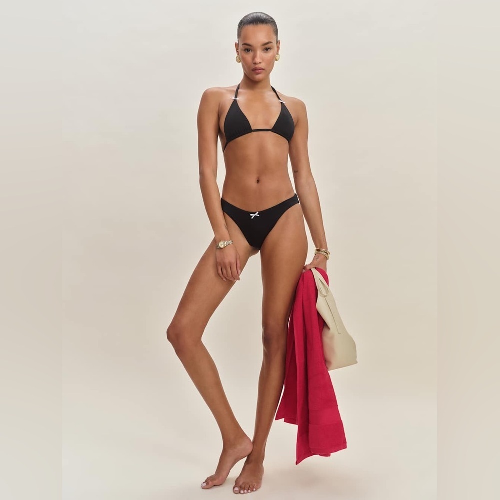 NWT Reformation Amore Black Bikini Bottom with White Bow Sz XL
